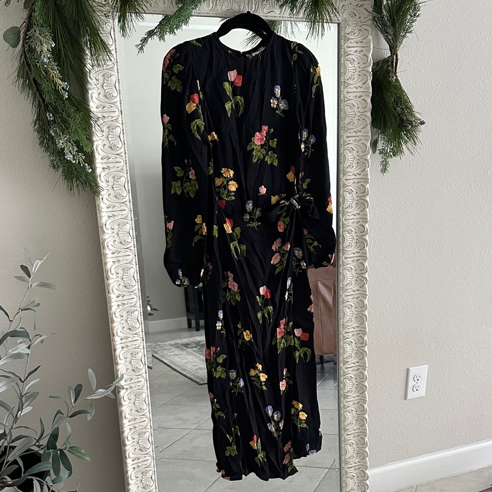 Reformation Black Floral Long Sleeve Wrap Dress